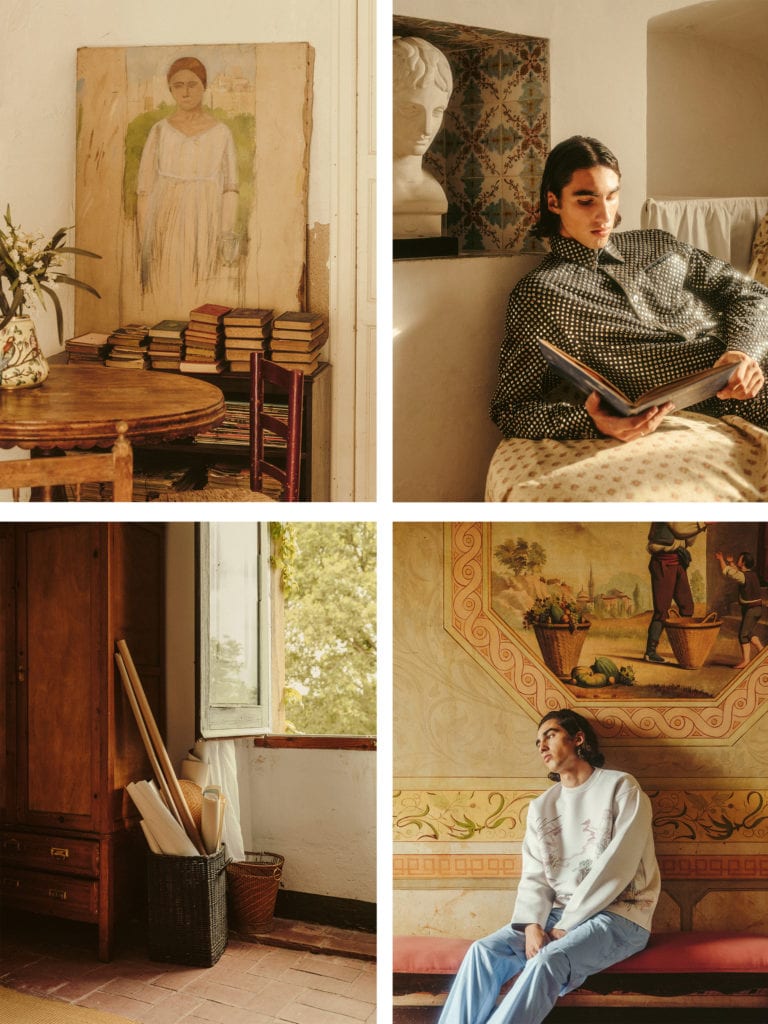 ( top right ) Matteo wears a shirt by BOTTEGA VENETA. ( bottom right ) He wears a sweater by ARDUSSE and trousers and shorts by EDWARD CUMING. ( previous ) Matteo wears a shirt by DRIES VAN NOTEN and shorts by IAGO OTERO.