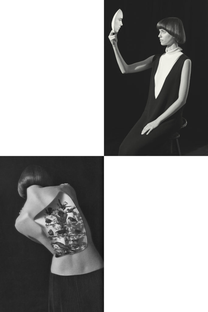 She wears a dress by JIL SANDER (right) and a skirt by BALENCIAGA (left).