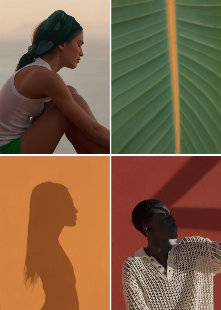 Top Left: Anna wears a scarf by GARIBALDI STUDIO, a top by ARKET and shorts by MA PETITE PLAGE. Bottom Right: Saliou wears a sweater by SOLID.