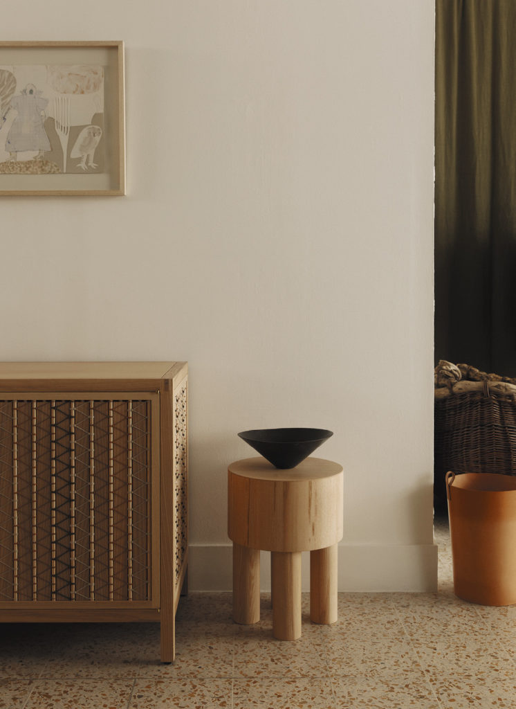 Stitched Sideboard by AIMEE BETTS & GARETH NEAL, A Turning Collage by JO WATERHOUSE, Pilotis Side Table by 
MALGORZATA BANY, Bowl by ALEXANDER DE VOL and Log Basket by OTIS INGRAMS